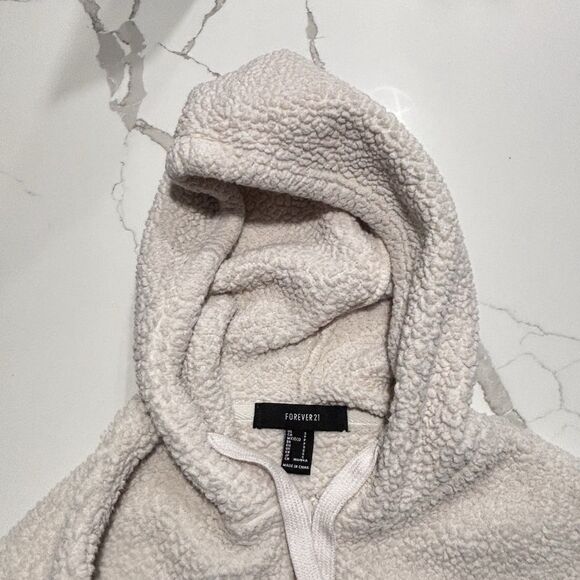 Forever 21 Women's Large Cream White Sherpa Hooded Jacket Pockets Full Zip SZ S - Picture 7 of 16